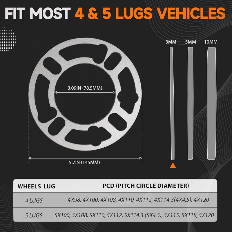 LUJIANI Store 4 Pack Universal Wheel Spacers, 1/9" (3mm) Thick Die Cast Replacement Wheel Spacer for 4 & 5 Lugs Wheels/Rims, Fits 98 to 120mm Multiple Bolts Pattern, 4x100, 4x108, 4x110, 5x114.3, 5x120 - Image 2